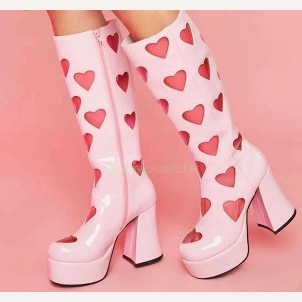 KIMLUD, Heart Platform Sweet Women Boots Splicing Thick Chunky Party Shoes Patent Leather Fashion Catwalk Pink White Mid- Calf New 2023, as picture 2 / 35 / CHINA, KIMLUD APPAREL - Womens Clothes