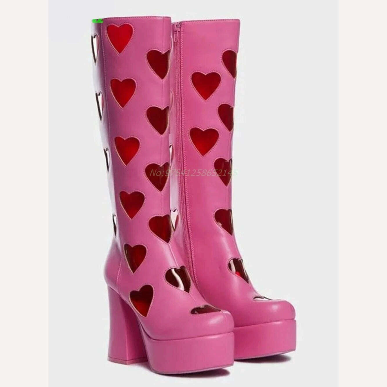 KIMLUD, Heart Platform Sweet Women Boots Splicing Thick Chunky Party Shoes Patent Leather Fashion Catwalk Pink White Mid- Calf New 2023, as picture 3 / 35 / CHINA, KIMLUD APPAREL - Womens Clothes