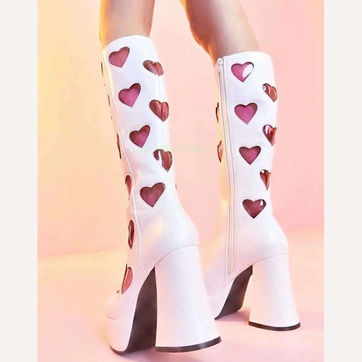 KIMLUD, Heart Platform Sweet Women Boots Splicing Thick Chunky Party Shoes Patent Leather Fashion Catwalk Pink White Mid- Calf New 2023, as picture 1 / 35 / CHINA, KIMLUD Womens Clothes