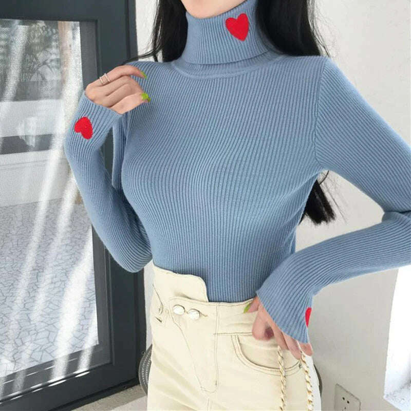 KIMLUD, HELIAR Women Turtleneck Knit Warm Sweaters Heart Embroidered Pullover Slim Bottoming Causal Sweater For Women 2023 Fall Winter, BLUE / One Size, KIMLUD Womens Clothes