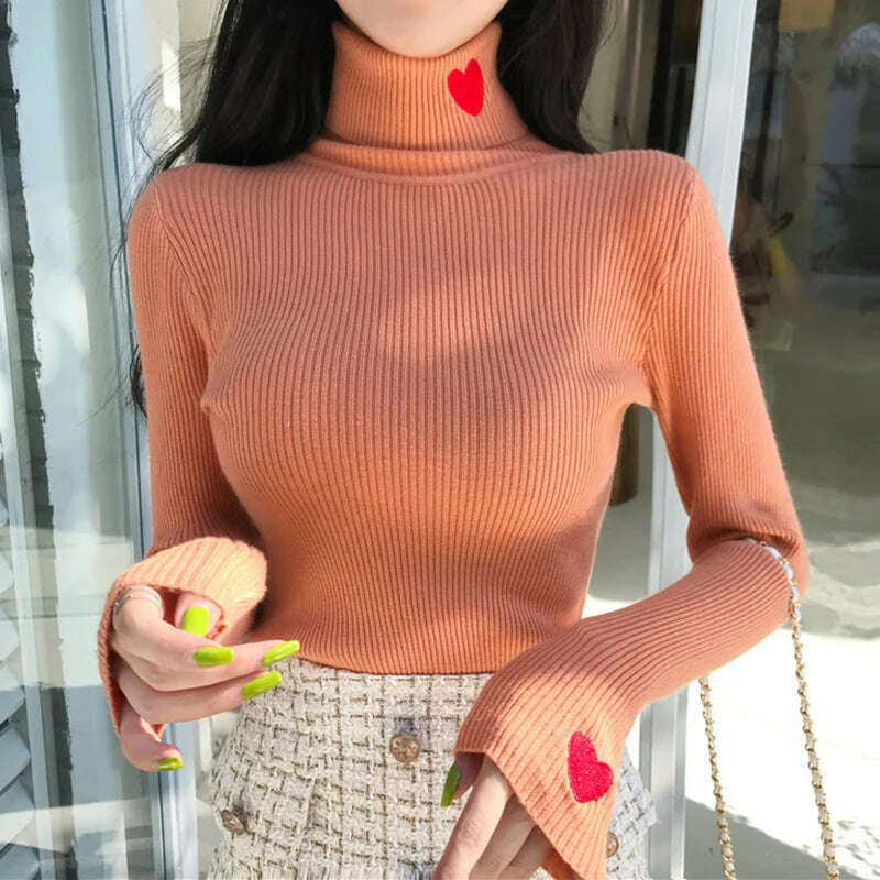 KIMLUD, HELIAR Women Turtleneck Knit Warm Sweaters Heart Embroidered Pullover Slim Bottoming Causal Sweater For Women 2023 Fall Winter, KIMLUD Womens ClothesKIMLUD, HELIAR Women Turtleneck Knit Warm Sweaters Heart Embroidered Pullover Slim Bottoming Causal Sweater For Women 2023 Fall Winter, ORANGE / One Size, KIMLUD APPAREL - Womens Clothes