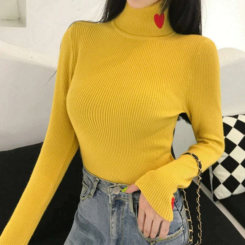 KIMLUD, HELIAR Women Turtleneck Knit Warm Sweaters Heart Embroidered Pullover Slim Bottoming Causal Sweater For Women 2023 Fall Winter, YELLOW / One Size, KIMLUD Womens Clothes