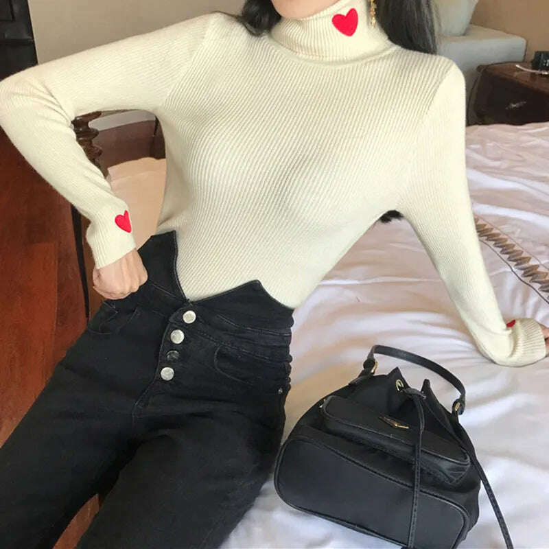 KIMLUD, HELIAR Women Turtleneck Knit Warm Sweaters Heart Embroidered Pullover Slim Bottoming Causal Sweater For Women 2023 Fall Winter, KIMLUD Womens ClothesKIMLUD, HELIAR Women Turtleneck Knit Warm Sweaters Heart Embroidered Pullover Slim Bottoming Causal Sweater For Women 2023 Fall Winter, APRICOT / One Size, KIMLUD APPAREL - Womens Clothes