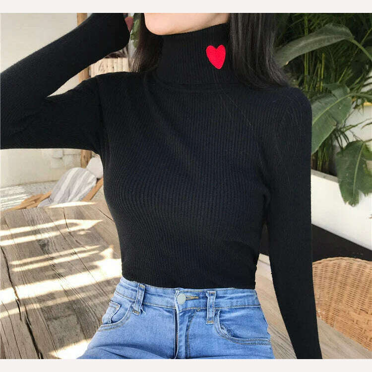 KIMLUD, HELIAR Women Turtleneck Knit Warm Sweaters Heart Embroidered Pullover Slim Bottoming Causal Sweater For Women 2023 Fall Winter, KIMLUD Womens Clothes