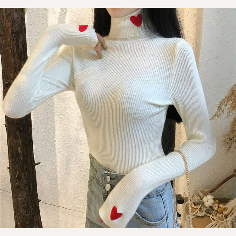 KIMLUD, HELIAR Women Turtleneck Knit Warm Sweaters Heart Embroidered Pullover Slim Bottoming Causal Sweater For Women 2023 Fall Winter, KIMLUD Womens Clothes