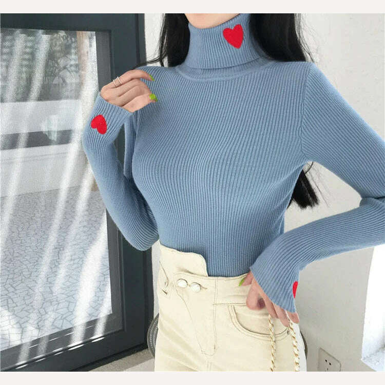 KIMLUD, HELIAR Women Turtleneck Knit Warm Sweaters Heart Embroidered Pullover Slim Bottoming Causal Sweater For Women 2023 Fall Winter, KIMLUD Womens Clothes