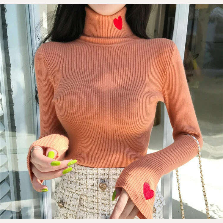 KIMLUD, HELIAR Women Turtleneck Knit Warm Sweaters Heart Embroidered Pullover Slim Bottoming Causal Sweater For Women 2023 Fall Winter, KIMLUD Womens Clothes
