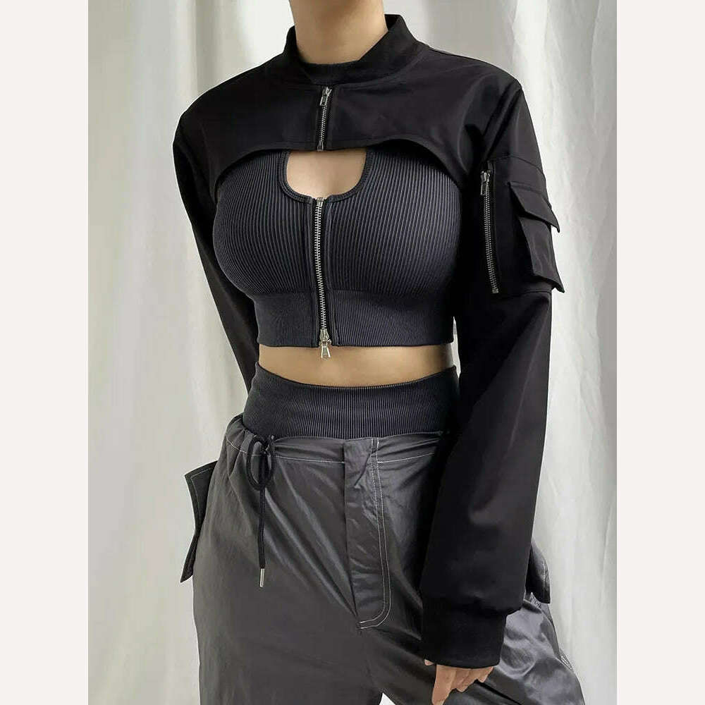 KIMLUD, HEYounGIRL Super-short Black Jacket Zipper Long Sleeve Harajuku Cropped Tshirt Gothic Techwear Fashion Korean Tee Punk Street, KIMLUD Womens Clothes