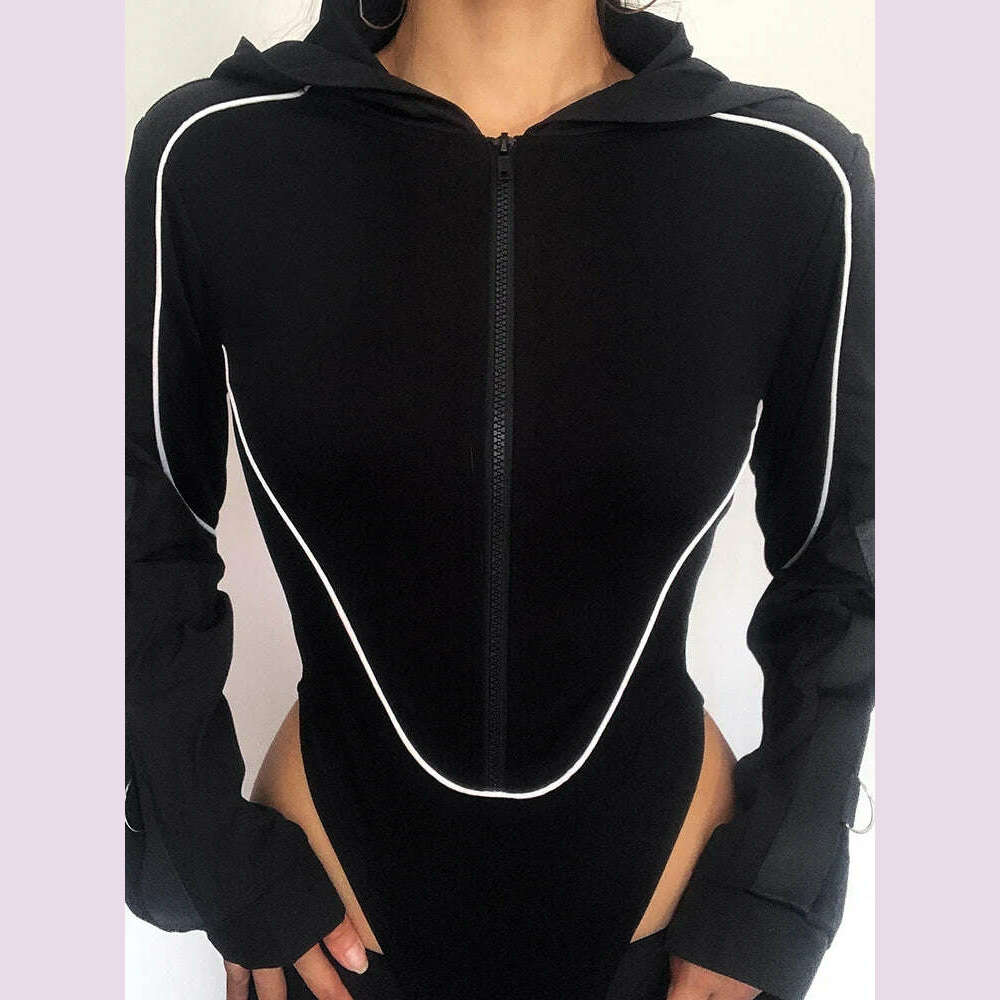 KIMLUD, HEYounGIRL Zipper Punk Women Bodysuit Chic Black Casual Rompers Long Sleeve Autumn Hooded Bodysuits Streetwear Outfits Techwear, Black / S, KIMLUD APPAREL - Womens Clothes