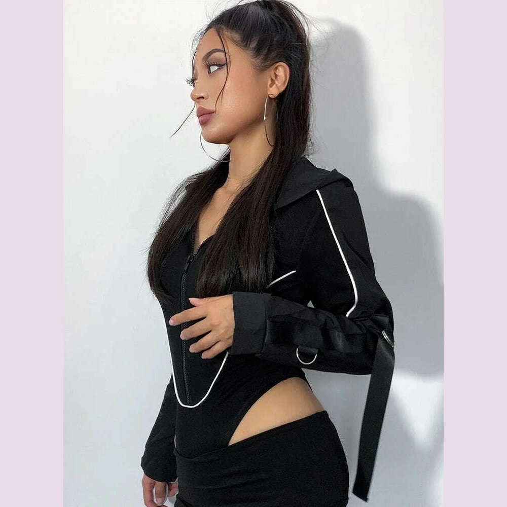 KIMLUD, HEYounGIRL Zipper Punk Women Bodysuit Chic Black Casual Rompers Long Sleeve Autumn Hooded Bodysuits Streetwear Outfits Techwear, KIMLUD Womens Clothes