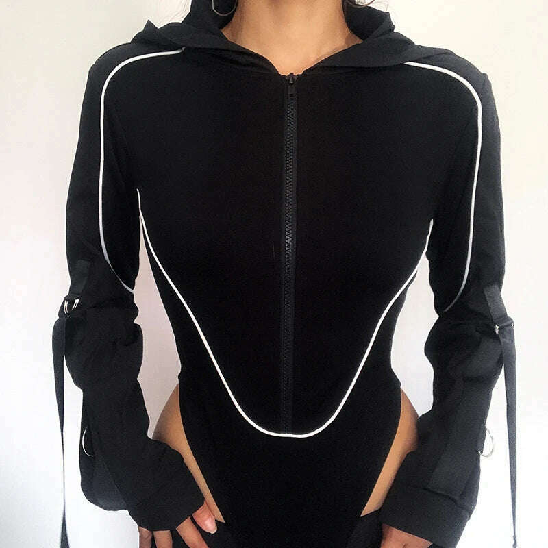 KIMLUD, HEYounGIRL Zipper Punk Women Bodysuit Chic Black Casual Rompers Long Sleeve Autumn Hooded Bodysuits Streetwear Outfits Techwear, KIMLUD Womens Clothes