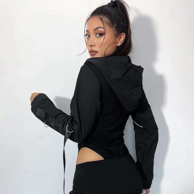 KIMLUD, HEYounGIRL Zipper Punk Women Bodysuit Chic Black Casual Rompers Long Sleeve Autumn Hooded Bodysuits Streetwear Outfits Techwear, KIMLUD Womens Clothes