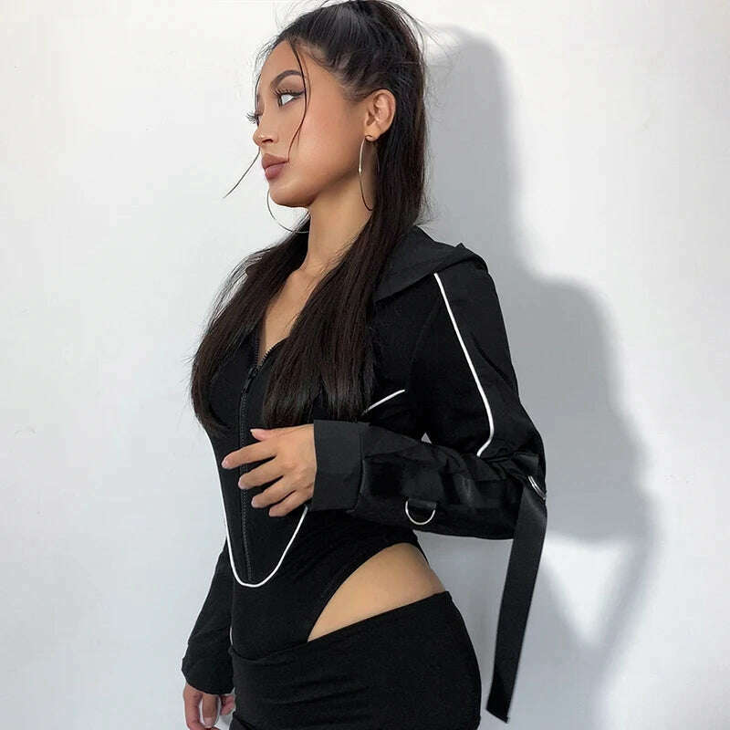 KIMLUD, HEYounGIRL Zipper Punk Women Bodysuit Chic Black Casual Rompers Long Sleeve Autumn Hooded Bodysuits Streetwear Outfits Techwear, KIMLUD Womens Clothes