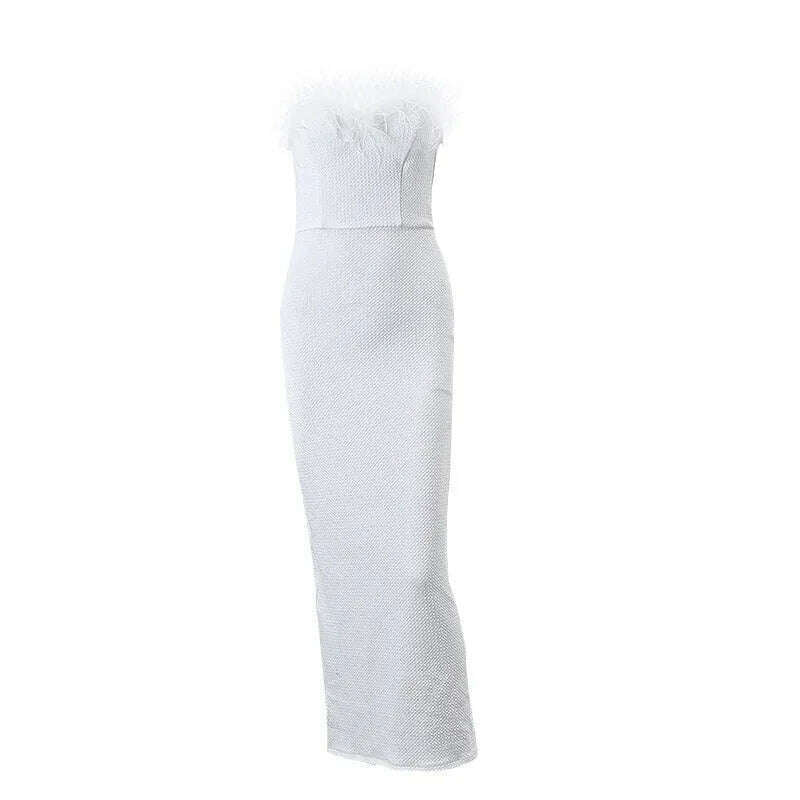 KIMLUD, HEZIOWYUN Women Sleeveless Off Shoulder Feather Plush Patchwork Split Hem Casual Evening Club Party Summer Fall Wrapped Dress, KIMLUD Womens Clothes