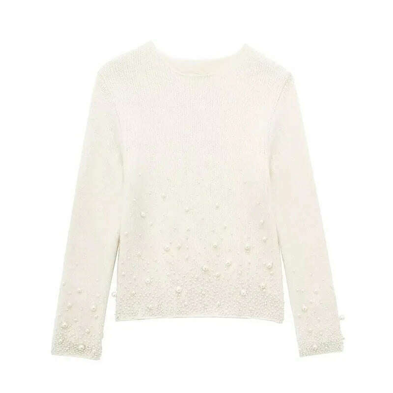 KIMLUD, HH TRAF Spring Skirt Suits for Woman Faux Pearl O-Neck Knitted Pullover Elegant Long Sleeves Sweater High Waist A-Line Skirts, beige top / S, KIMLUD APPAREL - Womens Clothes
