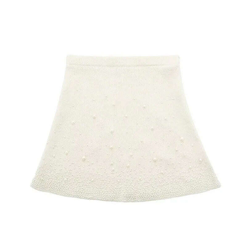 KIMLUD, HH TRAF Spring Skirt Suits for Woman Faux Pearl O-Neck Knitted Pullover Elegant Long Sleeves Sweater High Waist A-Line Skirts, beige skirt / S, KIMLUD APPAREL - Womens Clothes