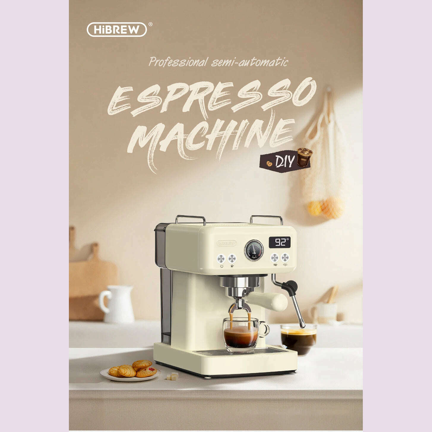 HiBREW 20Bar Semi Automatic Espresso Coffee Machine 58mm Portafilter Temperature Adjustable Cappuccino Coffee Maker Metal Case - KIMLUD