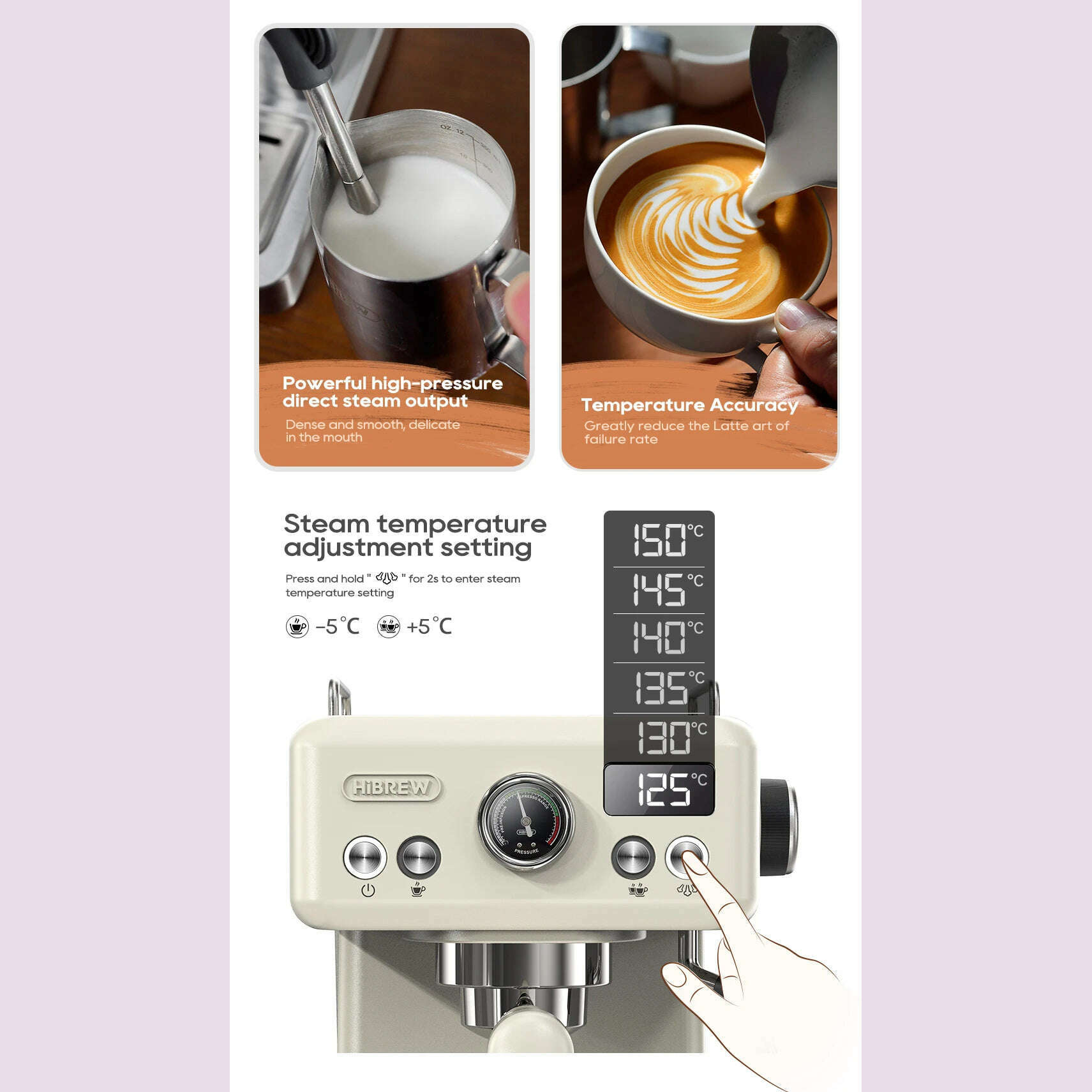 HiBREW 20Bar Semi Automatic Espresso Coffee Machine 58mm Portafilter Temperature Adjustable Cappuccino Coffee Maker Metal Case - KIMLUD