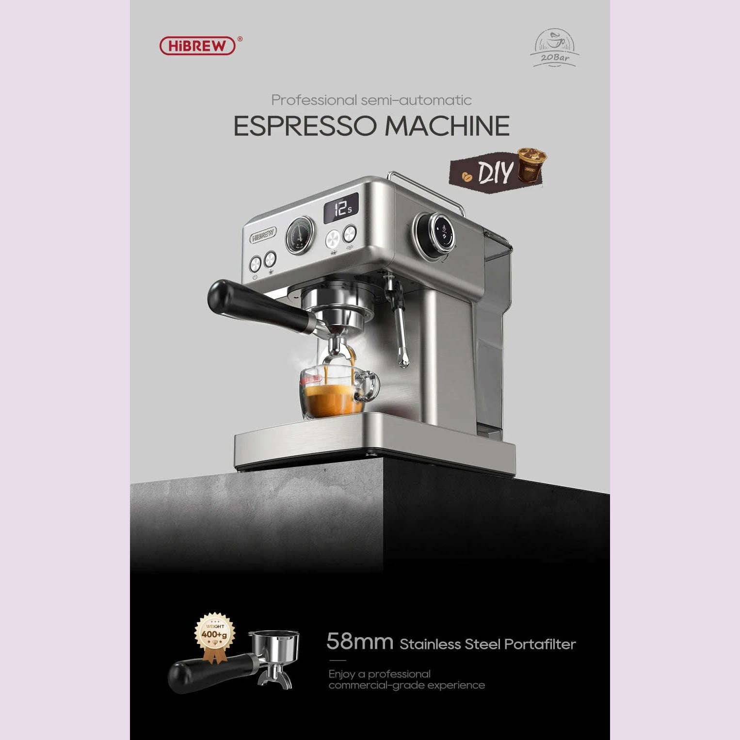 HiBREW 20Bar Semi Automatic Espresso Coffee Machine Temperature Adjustable 58mm Portafilter Cold/Hot Coffee Maker Metal CaseH10A - KIMLUD