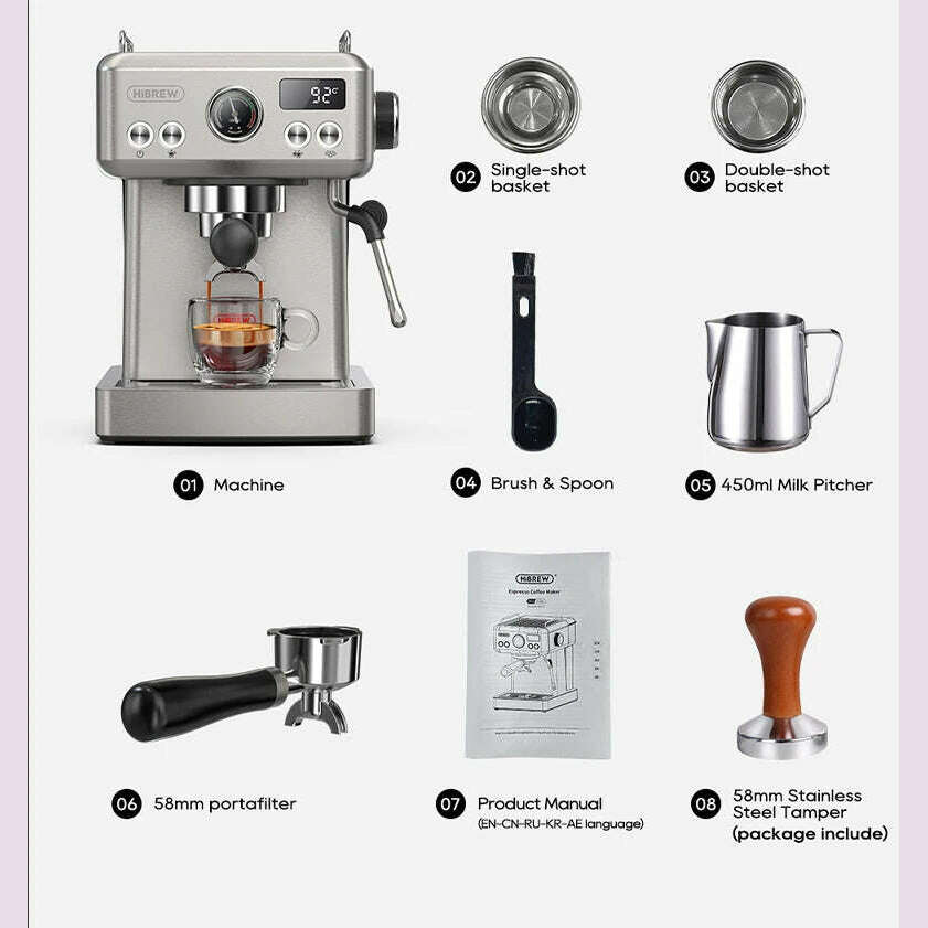 HiBREW 20Bar Semi Automatic Espresso Coffee Machine Temperature Adjustable 58mm Portafilter Cold/Hot Coffee Maker Metal CaseH10A - KIMLUD