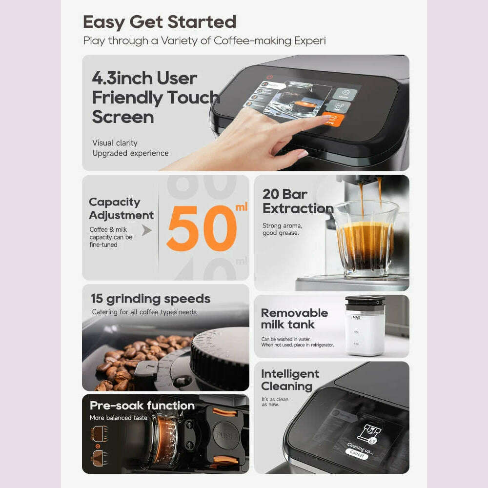HiBREW Fully Automatic Espresso Machine Cappuccino Milk System 6 Coffee Varieties Intuitive Touch Display With Grinder H16 - KIMLUD