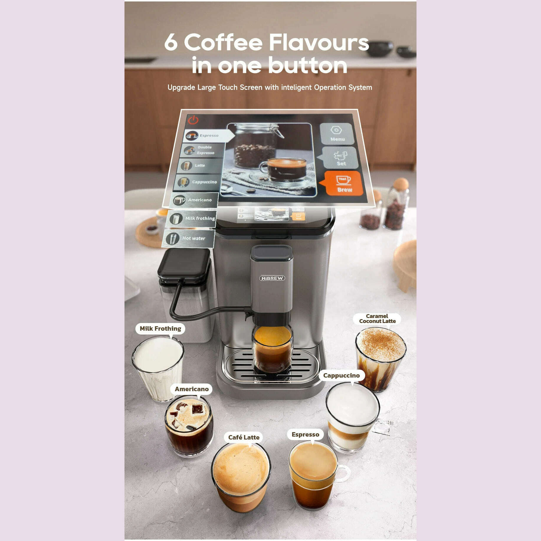 HiBREW Fully Automatic Espresso Machine Cappuccino Milk System 6 Coffee Varieties Intuitive Touch Display With Grinder H16 - KIMLUD