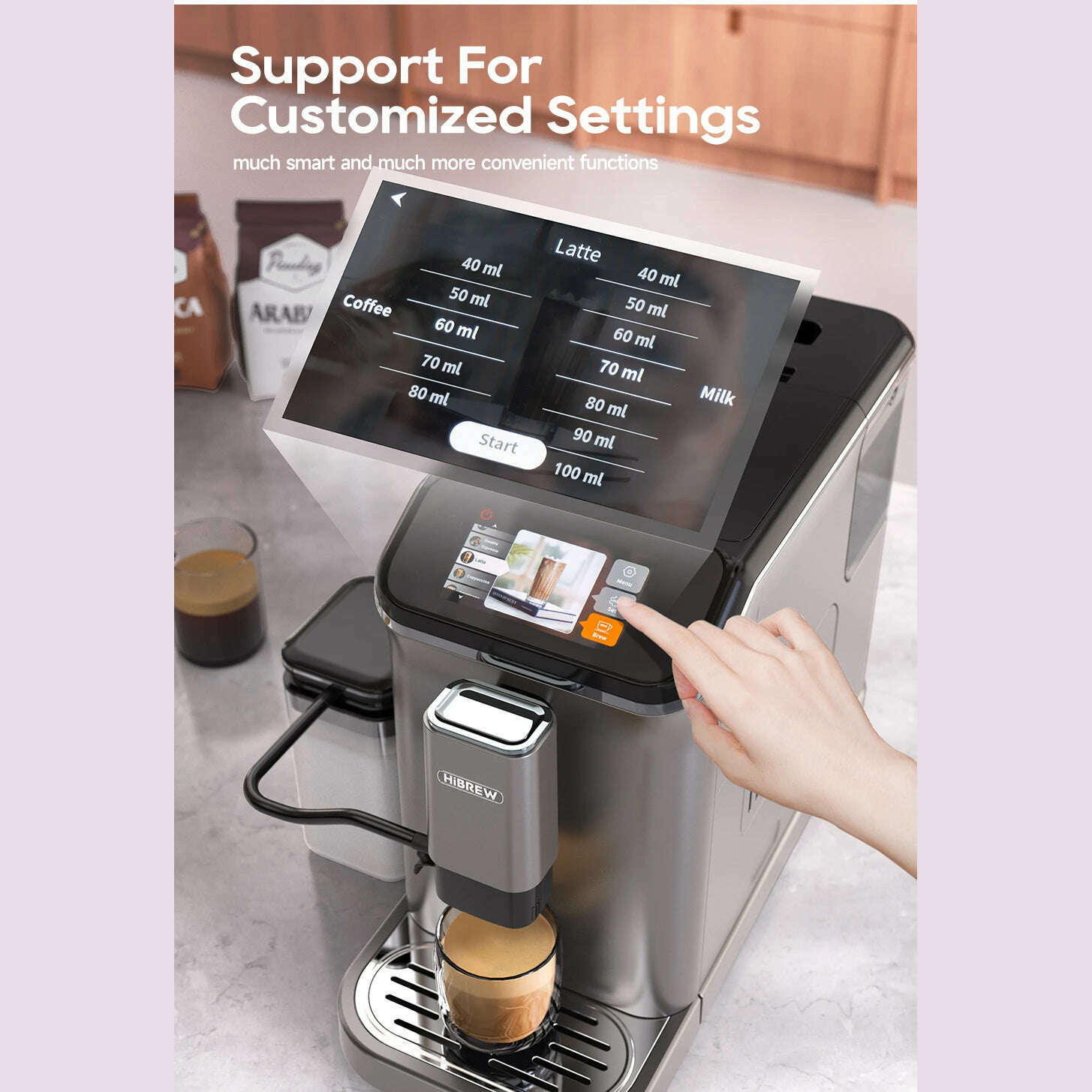 HiBREW Fully Automatic Espresso Machine Cappuccino Milk System 6 Coffee Varieties Intuitive Touch Display With Grinder H16 - KIMLUD
