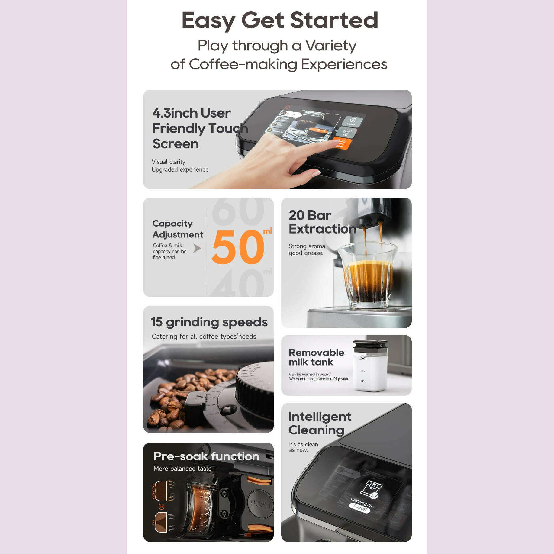 HiBREW Fully Automatic Espresso Machine Cappuccino Milk System 6 Coffee Varieties Intuitive Touch Display With Grinder H16 - KIMLUD