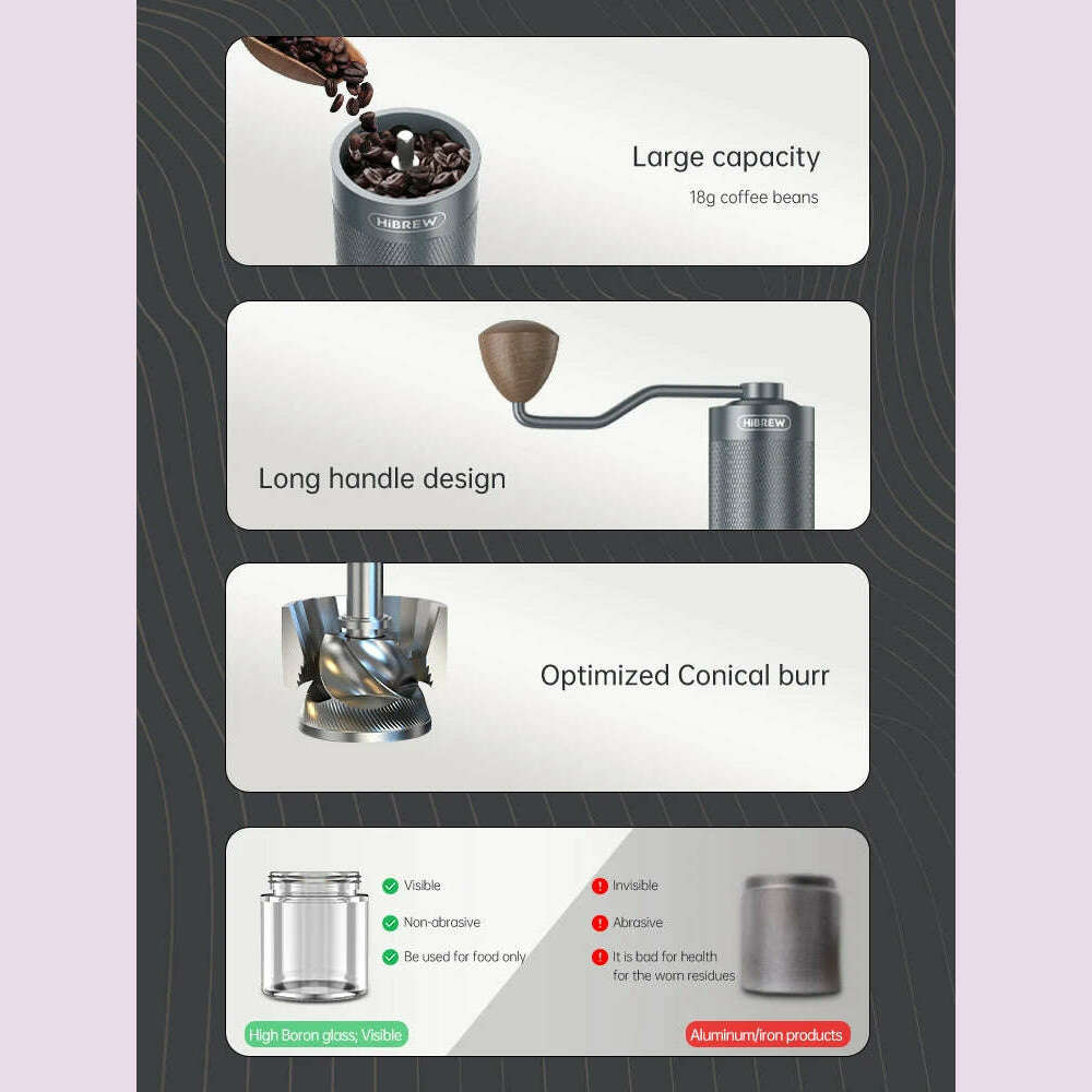HiBREW Manual Coffee Grinder Portable High Quality Hand Grinder Mill Aluminium With Visual Bean Storage G4 - KIMLUD