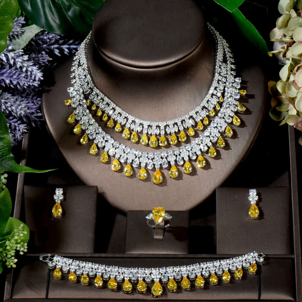 KIMLUD, HIBRIDE Luxury 4pcs Earrings and Necklace Jewelry Set Water Drop Yellow Color Women Bridal Wedding Jewelry Accessories N-1296, KIMLUD Womens Clothes