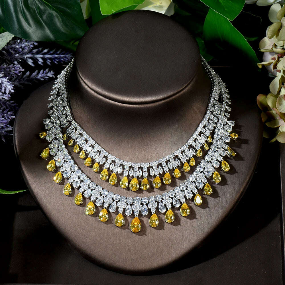 KIMLUD, HIBRIDE Luxury 4pcs Earrings and Necklace Jewelry Set Water Drop Yellow Color Women Bridal Wedding Jewelry Accessories N-1296, KIMLUD Womens Clothes