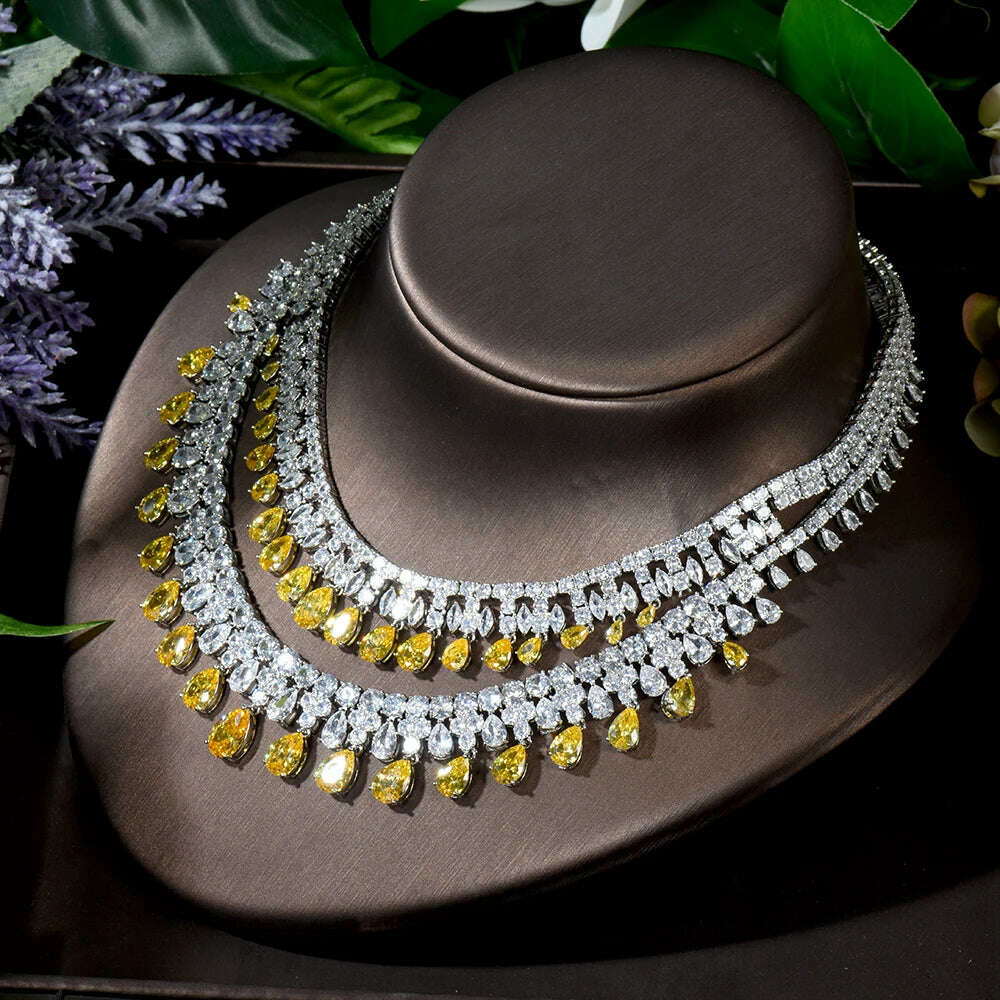 KIMLUD, HIBRIDE Luxury 4pcs Earrings and Necklace Jewelry Set Water Drop Yellow Color Women Bridal Wedding Jewelry Accessories N-1296, KIMLUD Womens Clothes