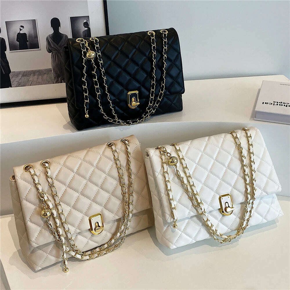 KIMLUD, Hifashion Quilted Leather Double Chain Shoulder Bags For Women 2023 Luxury Designer Large Crossbody Ladies Handbags And Purses, KIMLUD Womens Clothes