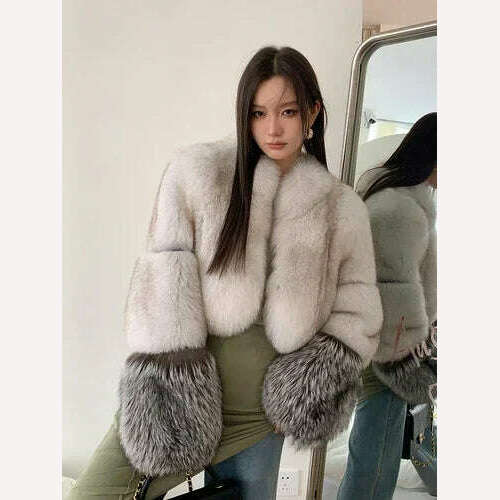 KIMLUD, High-end Luxury Natural Fox Fur Coat for Women 2024 New Elegant Slim High Waist Cropped Fluffy Winter Real Fur Jacket, Gray White / M, KIMLUD APPAREL - Womens Clothes