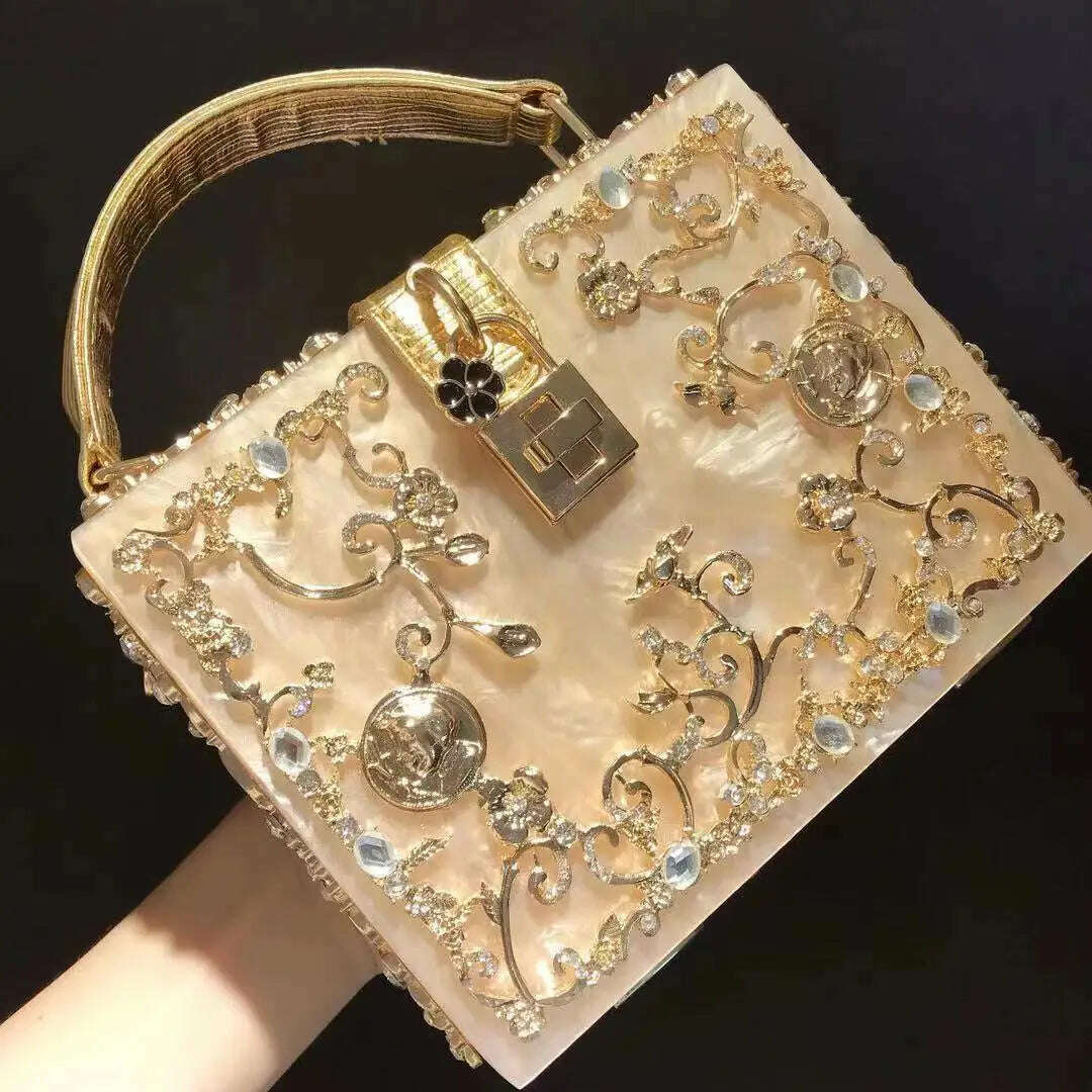 High-Grade crystal Evening Bag Female New Hollow Out Metal Carved Flower Diamond Handbag Box Fashion Chic Shoulder Crossbody Bag - KIMLUD