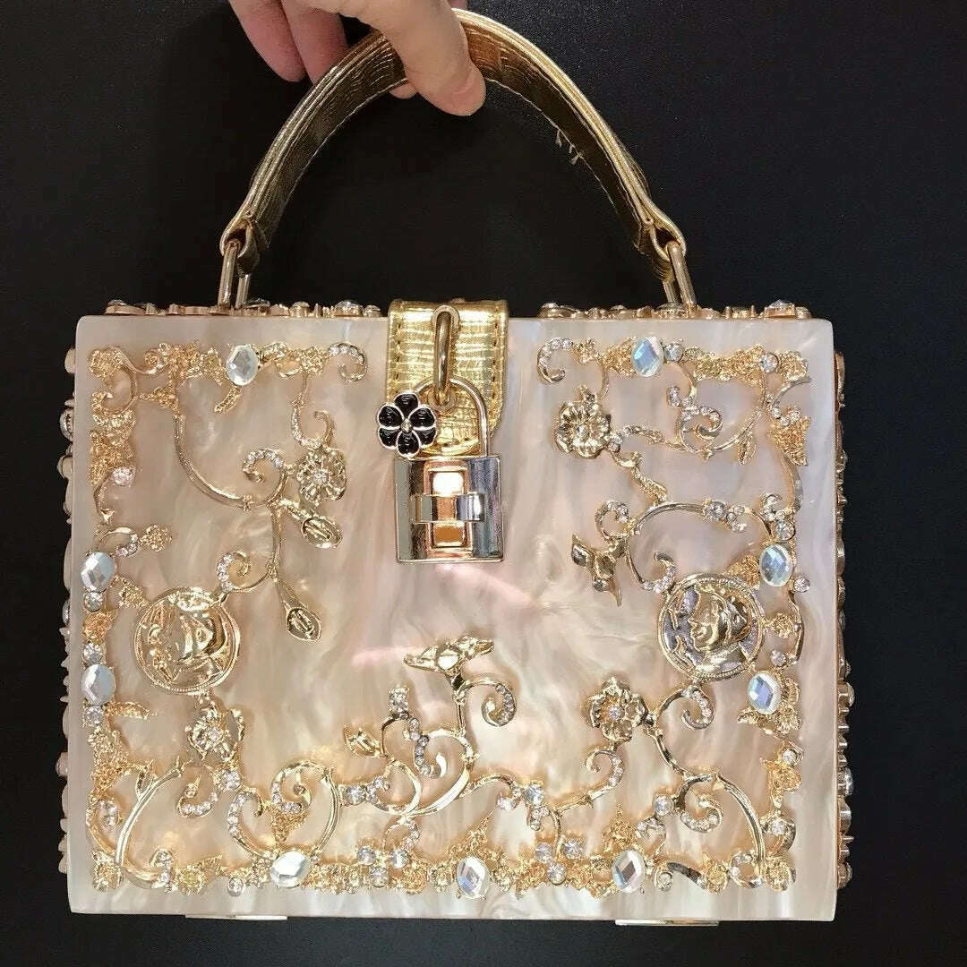 High-Grade crystal Evening Bag Female New Hollow Out Metal Carved Flower Diamond Handbag Box Fashion Chic Shoulder Crossbody Bag - KIMLUD
