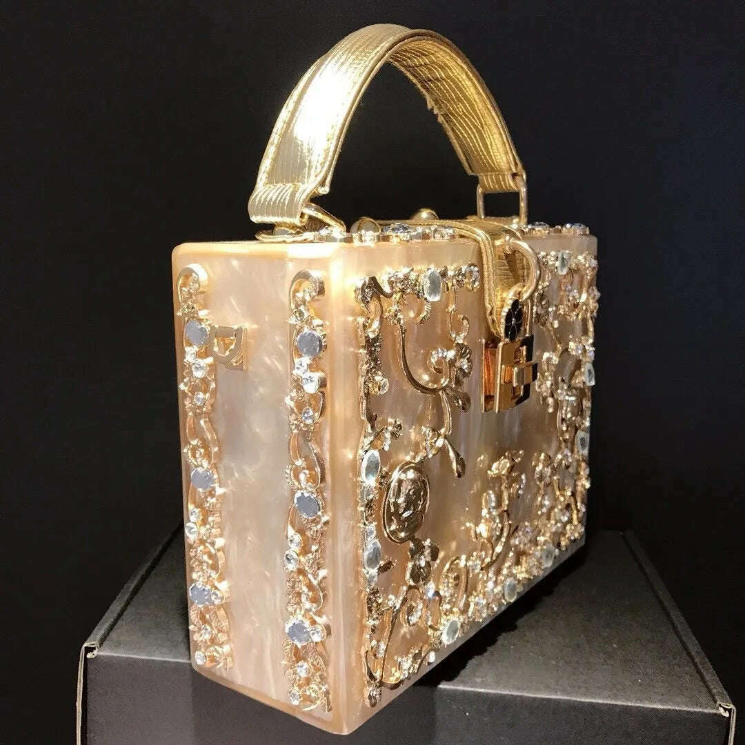 High-Grade crystal Evening Bag Female New Hollow Out Metal Carved Flower Diamond Handbag Box Fashion Chic Shoulder Crossbody Bag - KIMLUD