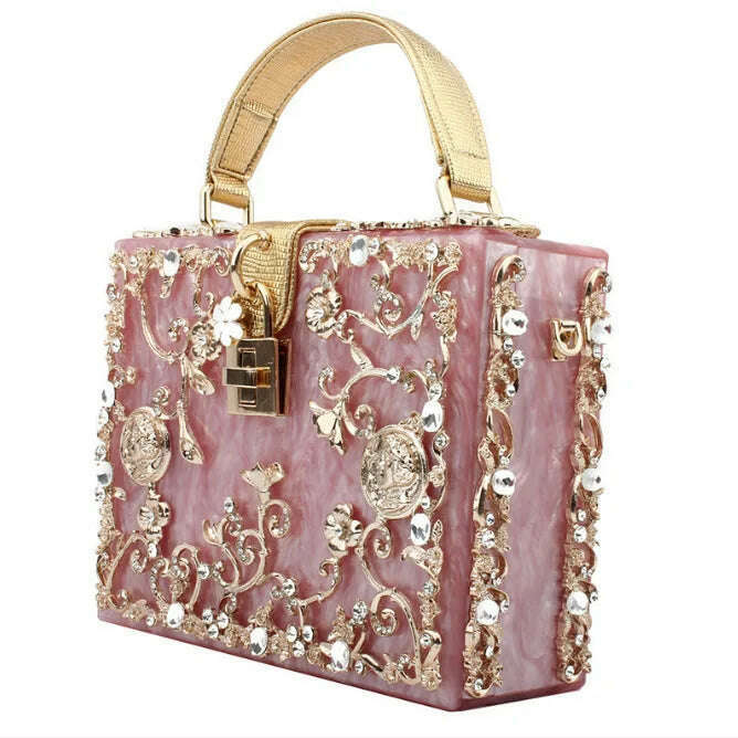 High-Grade crystal Evening Bag Female New Hollow Out Metal Carved Flower Diamond Handbag Box Fashion Chic Shoulder Crossbody Bag - KIMLUD