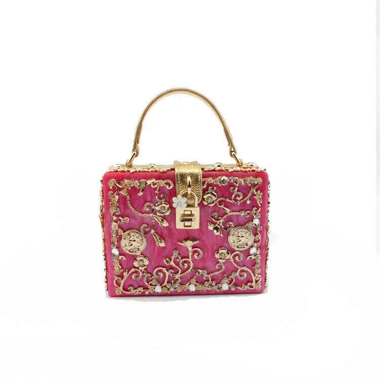 High-Grade crystal Evening Bag Female New Hollow Out Metal Carved Flower Diamond Handbag Box Fashion Chic Shoulder Crossbody Bag - KIMLUD