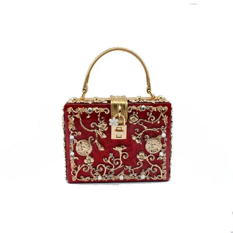 High-Grade crystal Evening Bag Female New Hollow Out Metal Carved Flower Diamond Handbag Box Fashion Chic Shoulder Crossbody Bag - KIMLUD