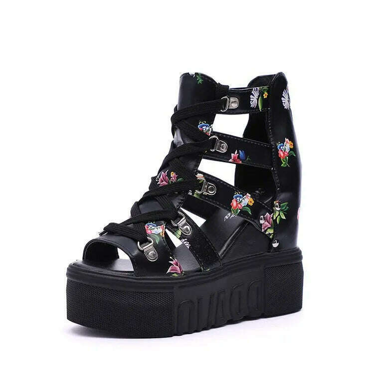 KIMLUD, High-heeled Sandals Women's 2022 Summer Thick-bottomed Wedge Hollow Fish Mouth Roman Style Gladiator Casual Zipper Platform Shoe, Black / 34, KIMLUD APPAREL - Womens Clothes