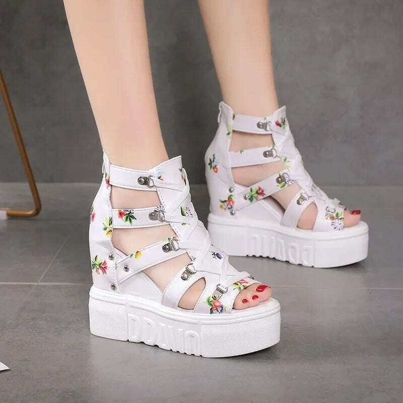 KIMLUD, High-heeled Sandals Women's 2022 Summer Thick-bottomed Wedge Hollow Fish Mouth Roman Style Gladiator Casual Zipper Platform Shoe, KIMLUD Womens Clothes