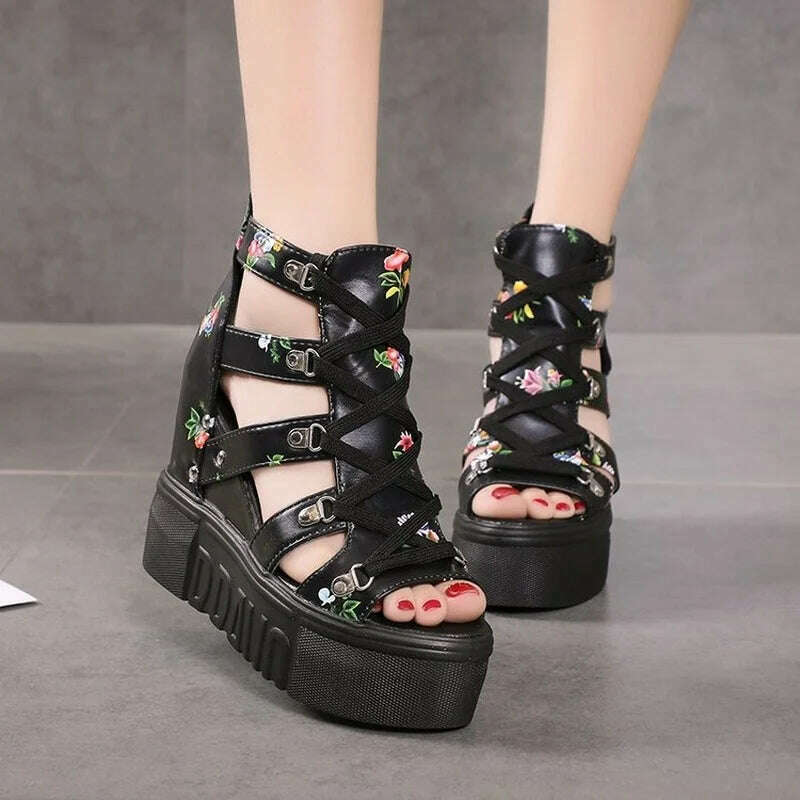 KIMLUD, High-heeled Sandals Women's 2022 Summer Thick-bottomed Wedge Hollow Fish Mouth Roman Style Gladiator Casual Zipper Platform Shoe, KIMLUD Womens Clothes