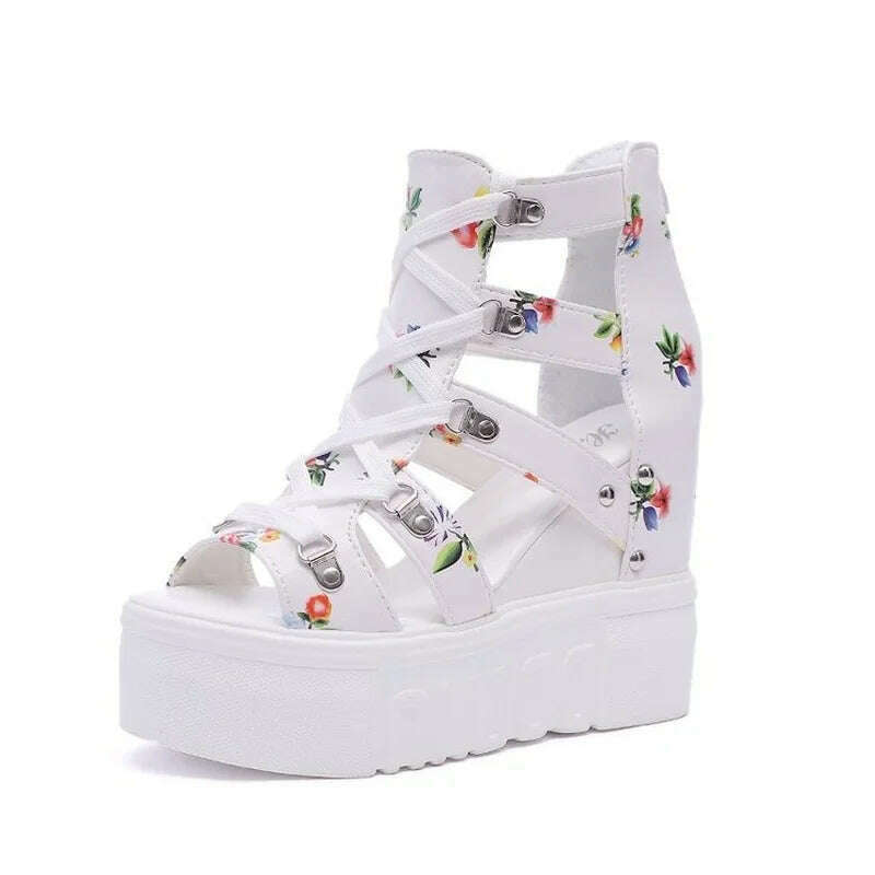 KIMLUD, High-heeled Sandals Women's 2022 Summer Thick-bottomed Wedge Hollow Fish Mouth Roman Style Gladiator Casual Zipper Platform Shoe, KIMLUD Womens Clothes