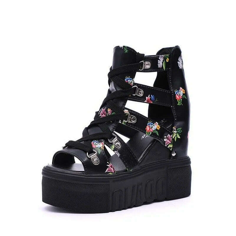 KIMLUD, High-heeled Sandals Women's 2022 Summer Thick-bottomed Wedge Hollow Fish Mouth Roman Style Gladiator Casual Zipper Platform Shoe, KIMLUD Womens Clothes