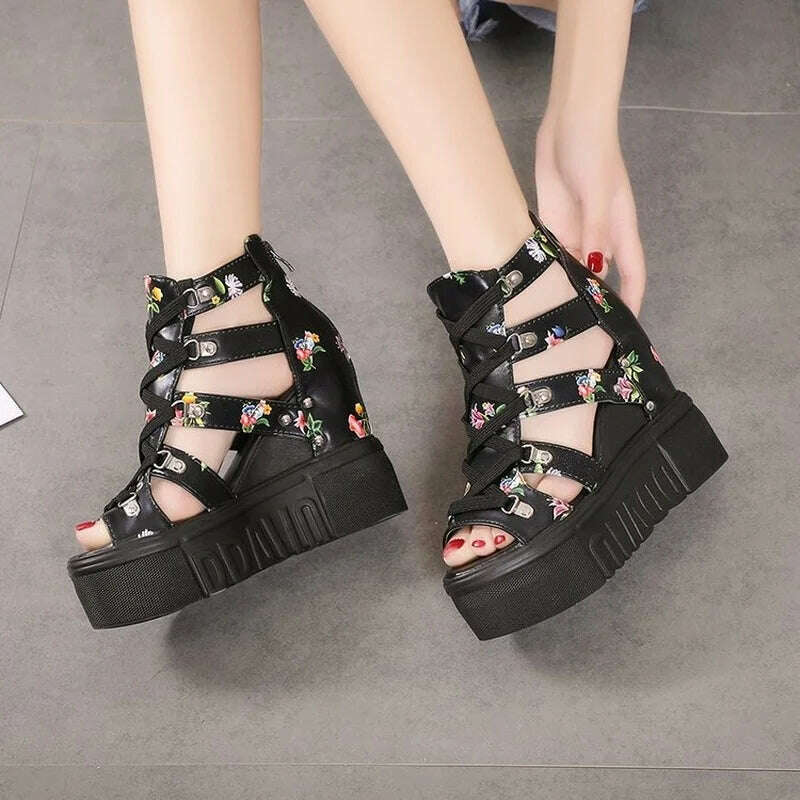 KIMLUD, High-heeled Sandals Women's 2022 Summer Thick-bottomed Wedge Hollow Fish Mouth Roman Style Gladiator Casual Zipper Platform Shoe, KIMLUD Womens Clothes