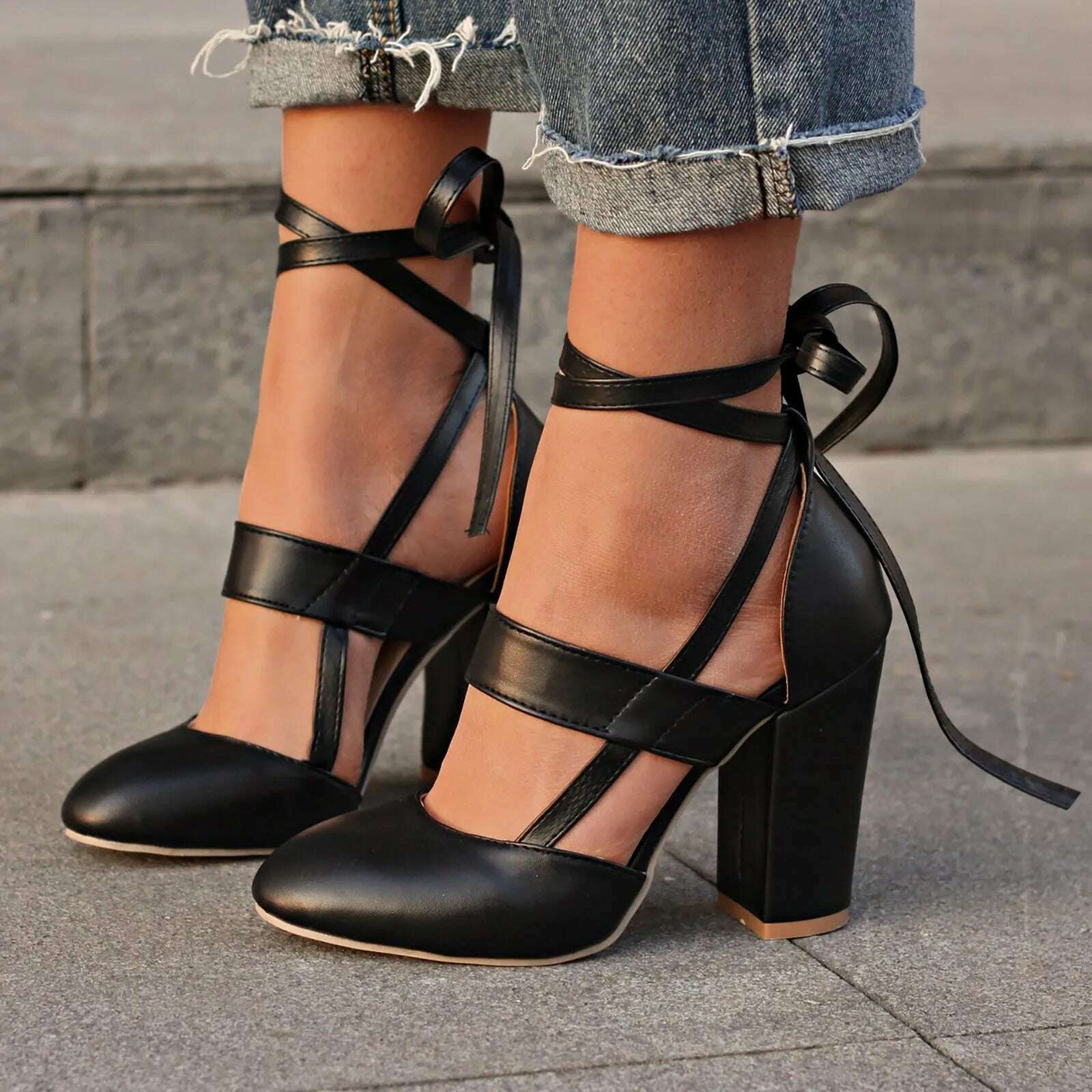 KIMLUD, High Heels Boots For Women Sexy Size 12 Bandage Women'S Round Fashion Shoes Heel Hollow Toe High Chunky Out Toe Shoe Gel Pads 구두, KIMLUD Womens Clothes