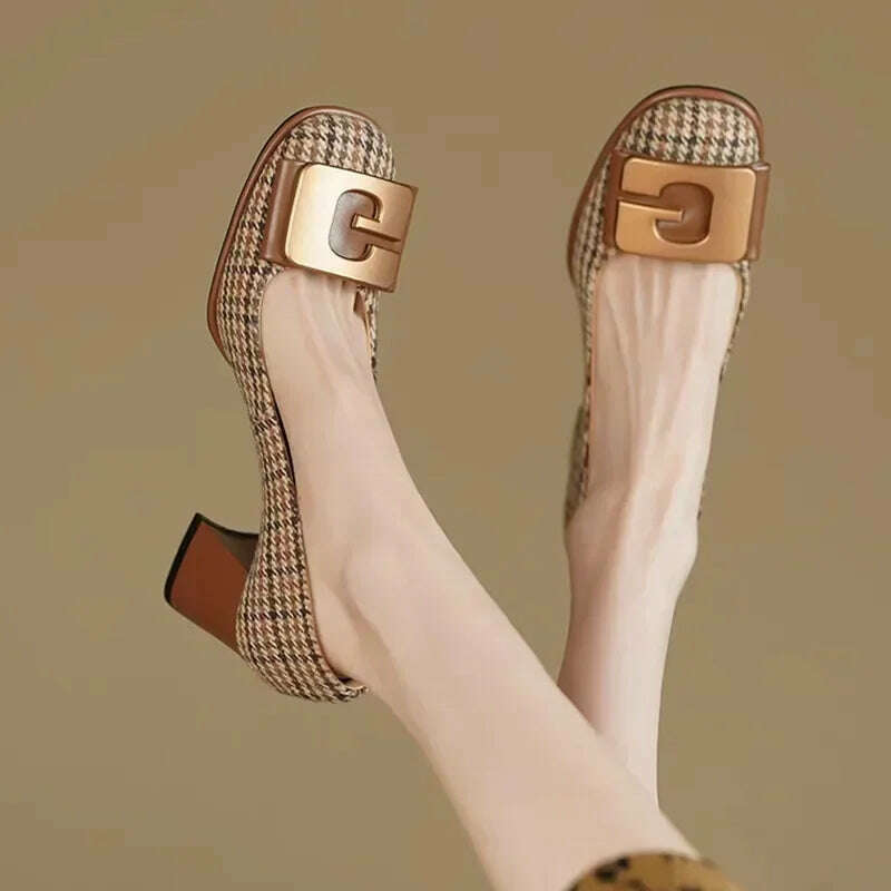 KIMLUD, High Heels Women Shoes Elegant Dress Shoes 2024 Designer Summer Chunky Shallow Shoes New Brand Party Luxury Femme Zapatos Pumps, Brown / 38, KIMLUD APPAREL - Womens Clothes