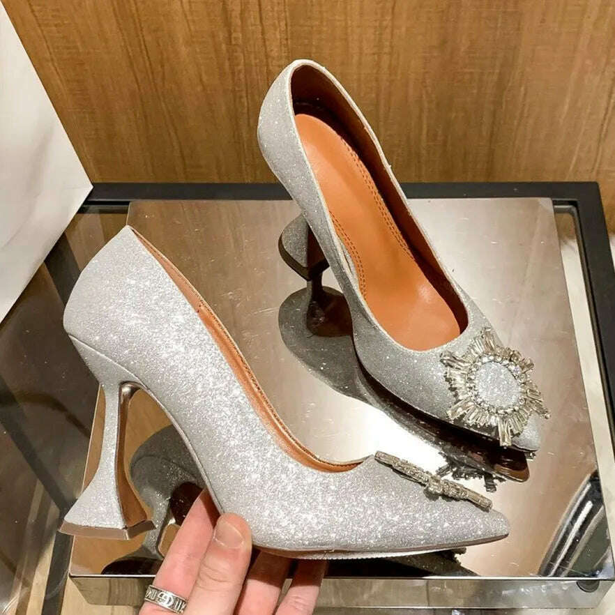 KIMLUD, High Heels Women's Crystal Diamond Buckle Sexy Shoes Pointed Shoes Stiletto Heels Womens Shoes, Shiny silver (10cm) / 34, KIMLUD APPAREL - Womens Clothes