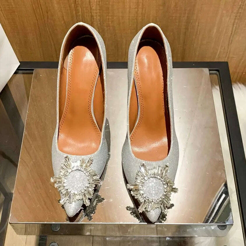 KIMLUD, High Heels Women's Crystal Diamond Buckle Sexy Shoes Pointed Shoes Stiletto Heels Womens Shoes, Shiny silver (8cm) / 34, KIMLUD APPAREL - Womens Clothes